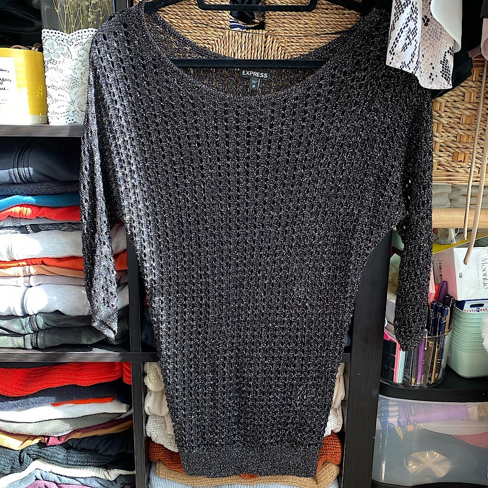 Express Black & Silver Sparkle Chrome Style OverShirt Sz Xs